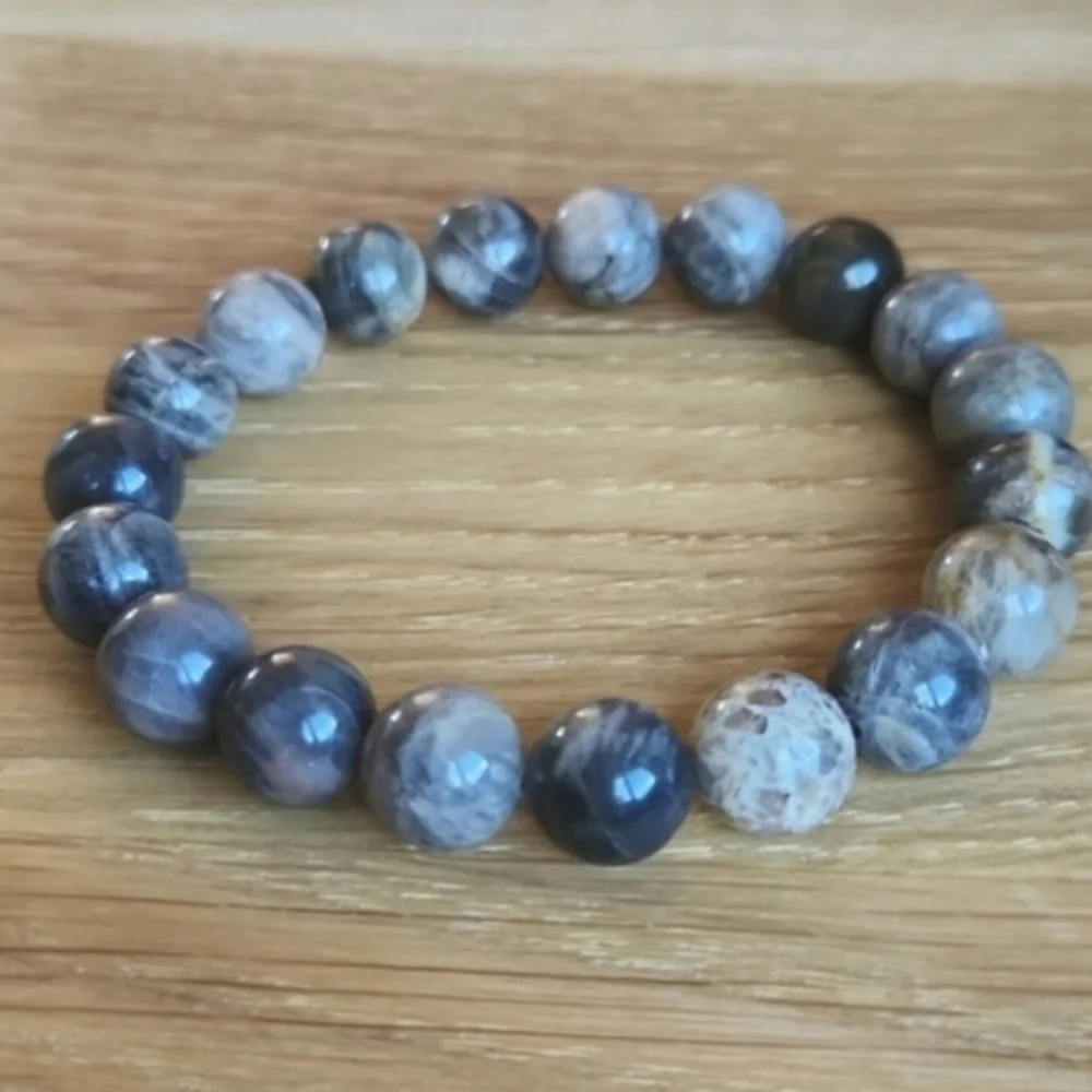 Gray Sunstone Beaded Stretch Bracelet | Handmade